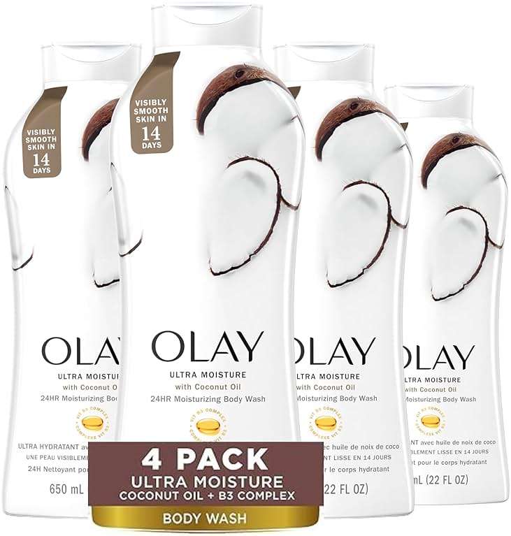 Olay Body Wash for Women, Ultra Moisture, 24hr Moisturizing, Hydrating & Refreshing, B3 Vitamin Complex, Free of Parabens & Phthalates, For All Skin Types, Coconut Oil Scent, 22 fl oz (Pack of 4) - Image 1