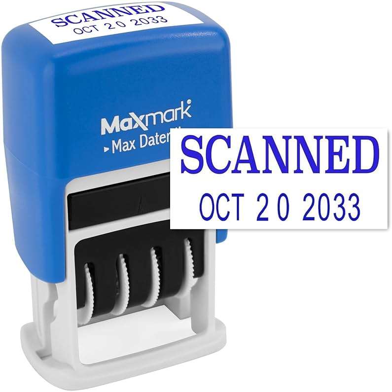 MaxMark Self-Inking Rubber Date Office Stamp with Scanned Phrase & Date - Blue Ink (Max Dater II), 12-Year Band - Image 1