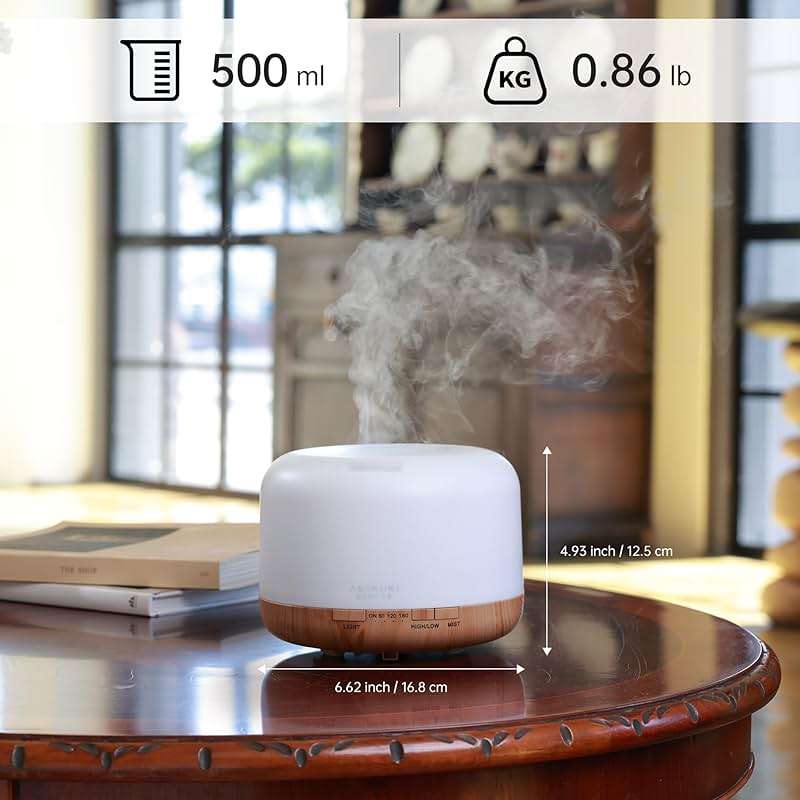 ASAKUKI Essential Oil Diffuser for Home, 500ML Aromatherapy Diffuser Humidifier with Remote Control, 7 Color LED Lights, Quiet Cool Mist Diffuser for Bedroom, Office (Yellow) - Image 2