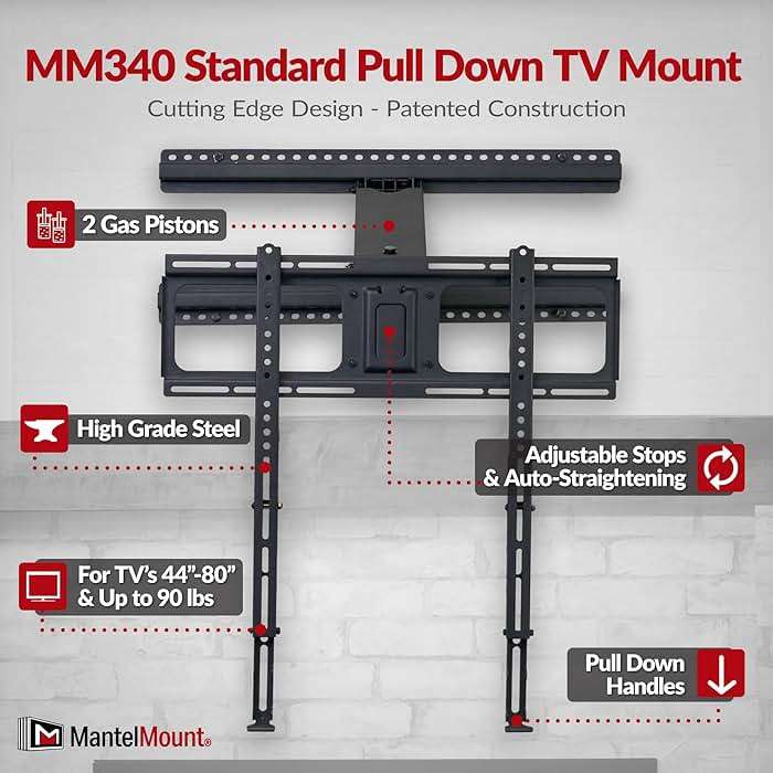 MantelMount- MM340 Above Fireplace Pull Down TV Mount- Televisions 44" to 80" Up to 90 lbs - Safe Auto-Adjusting TV Mounts - Patented Motion Stops, Handles, Balancing Technology - Superior Steel - Image 5