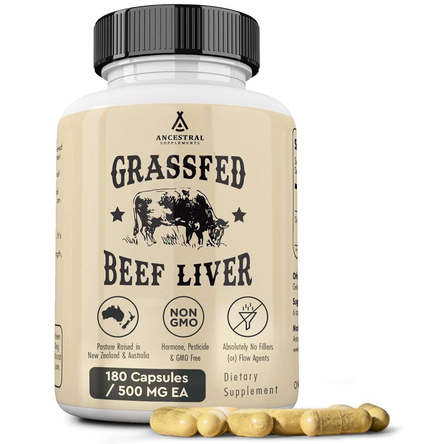 Ancestral Supplements Grass Fed Beef Liver 180 Capsules, Supports Energy Production, Detoxification, Digestion, Immunity and Full Body Wellness, Non-GMO, Freeze Dried Liver Health Supplement - Image 1