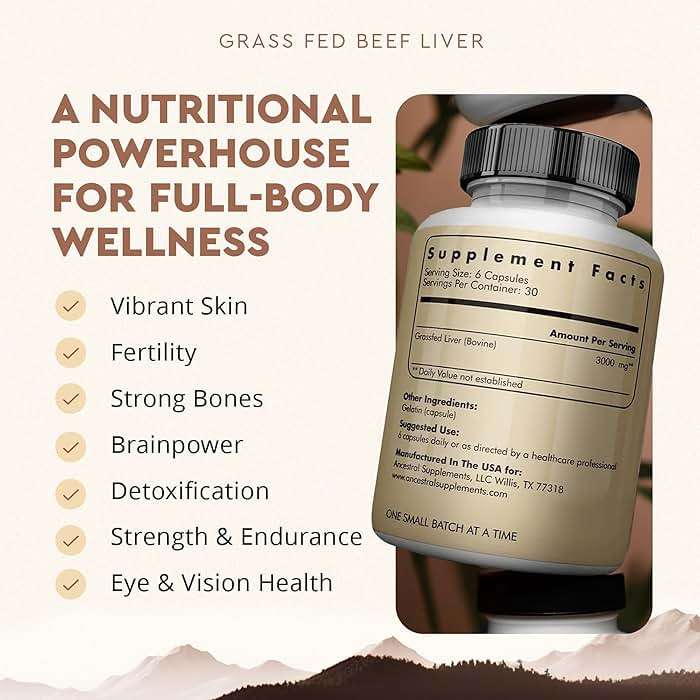 Ancestral Supplements Grass Fed Beef Liver 180 Capsules, Supports Energy Production, Detoxification, Digestion, Immunity and Full Body Wellness, Non-GMO, Freeze Dried Liver Health Supplement - Image 2