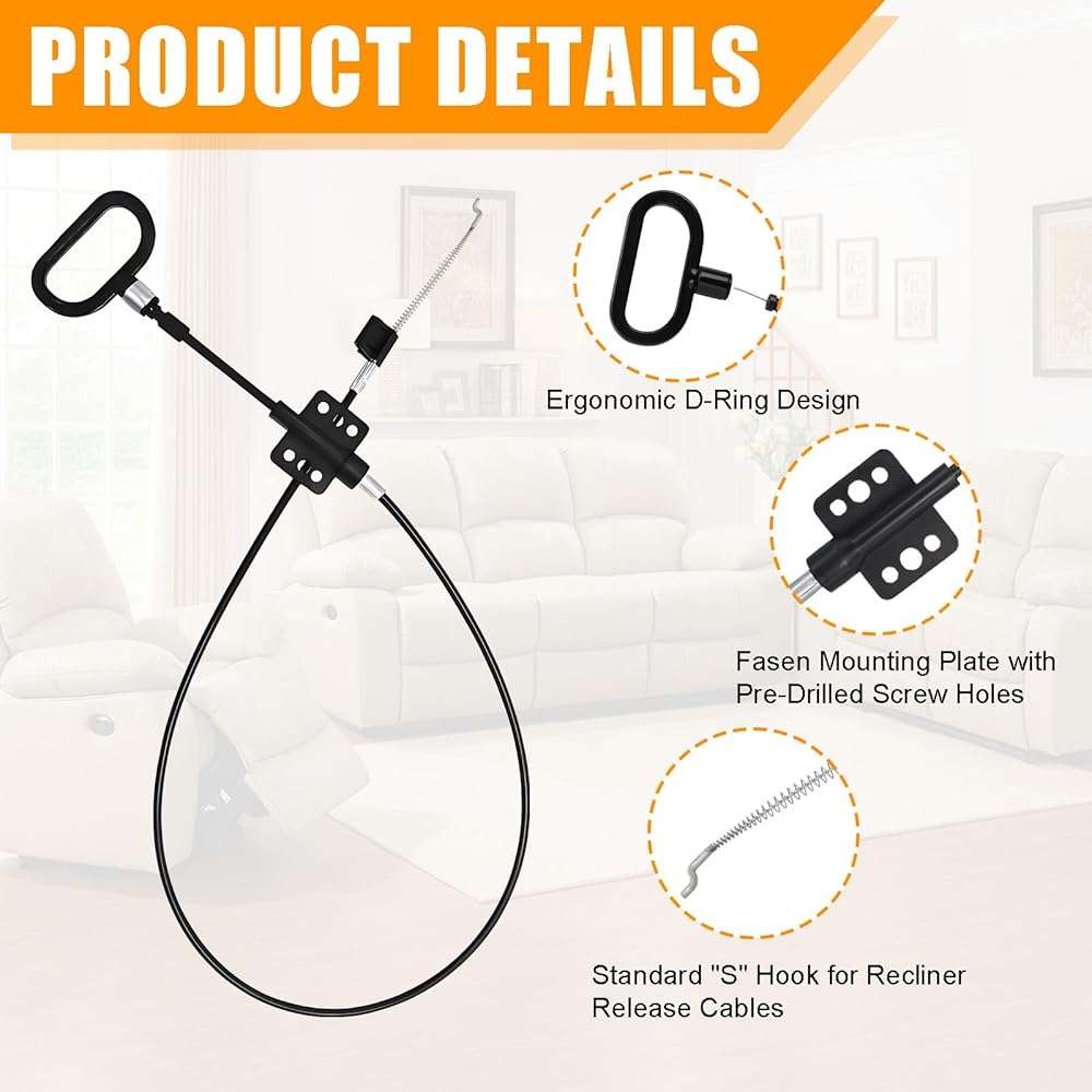 Podoy Recliner Pull Cable 𝟒𝟒.𝟓" Replacement for Sofa Chair Universal 44.5", Recliner Release Cable Replacement D-Ring Pull Handle - Image 3