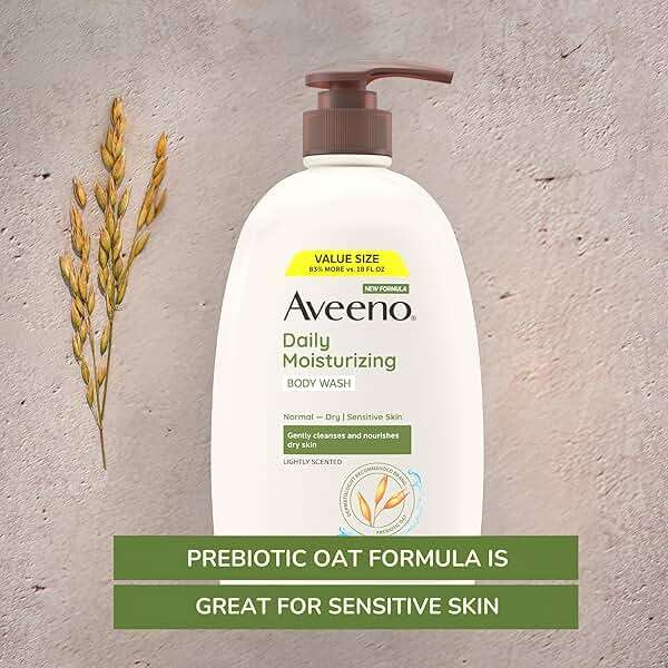 Aveeno Daily Moisturizing Body Wash for Normal to Dry Skin, Sensitive Formula with Prebiotic Oat, Gently Cleanses Dry Skin, Lightly Scented Body Wash for Women and Men, Value Size 33 fl. Oz - Image 4