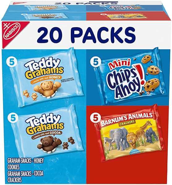 Nabisco Fun Shapes Variety Pack, Barnum's Animal Crackers, Teddy Grahams and CHIPS AHOY! Cookies, 20 Snack Packs - Image 1