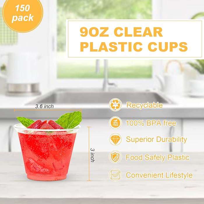 TashiBox [9oz - 150 Cups Plastic Cups Clear - Disposable Tumbler for Cocktails, Wine and More Essential Party Supplies - Image 3