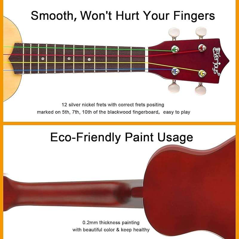 Everjoys Soprano Ukulele Beginner Pack-21 Inch w/Rainbow String Free Online Lesson Gig Bag Digital Tuner Pick All in One Kit - Image 4