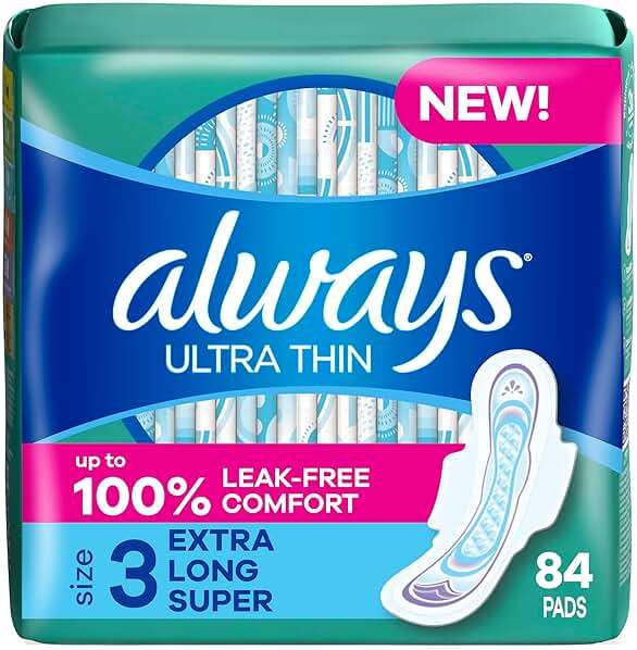 Always Ultra Thin Feminine Pads with Wings for Women, Size 3, Extra Long Super Absorbency, Unscented, Up to 100% Leak-Free Protection, 84 Count Total - Image 1