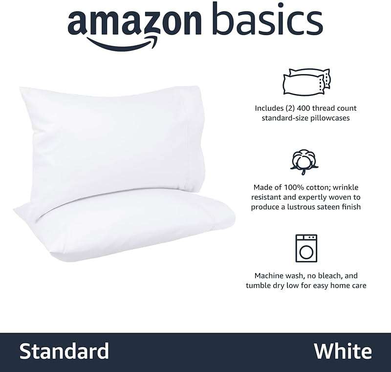 Amazon Basics 400 Thread Count Cotton Pillowcases, Standard, 30" L x 20" W, White - Set of 2, Pillows Not Included - Image 2