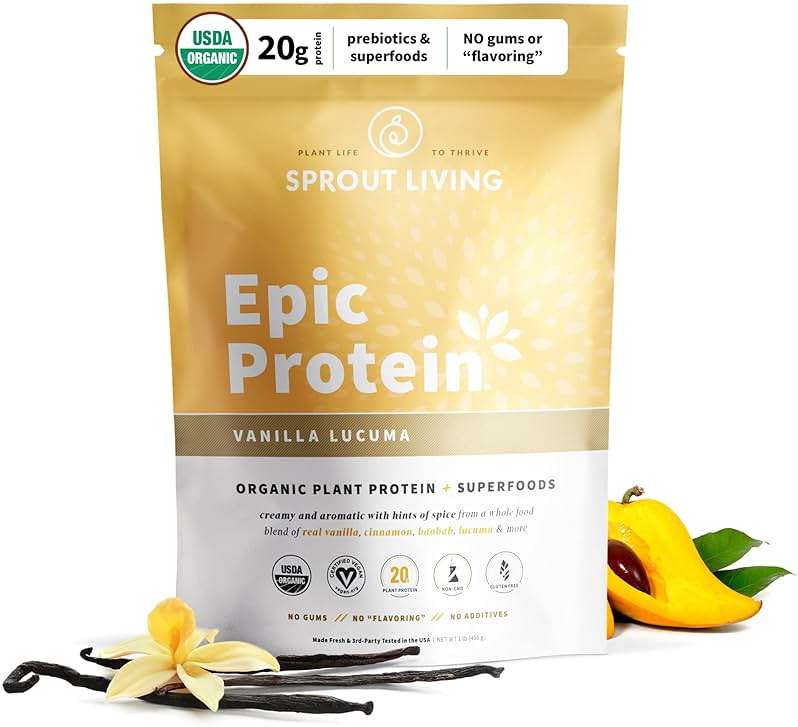 Sprout Living Epic Protein, Plant Based Protein & Superfoods Powder, Vanilla Lucuma Powder | 20 Grams Organic Protein Powder, Vegan, Non Dairy, Non-GMO, Gluten Free, Low Sugar (1 Pound, 12 Servings) - Image 1