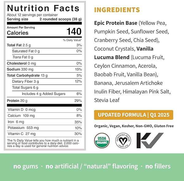 Sprout Living Epic Protein, Plant Based Protein & Superfoods Powder, Vanilla Lucuma Powder | 20 Grams Organic Protein Powder, Vegan, Non Dairy, Non-GMO, Gluten Free, Low Sugar (1 Pound, 12 Servings) - Image 4