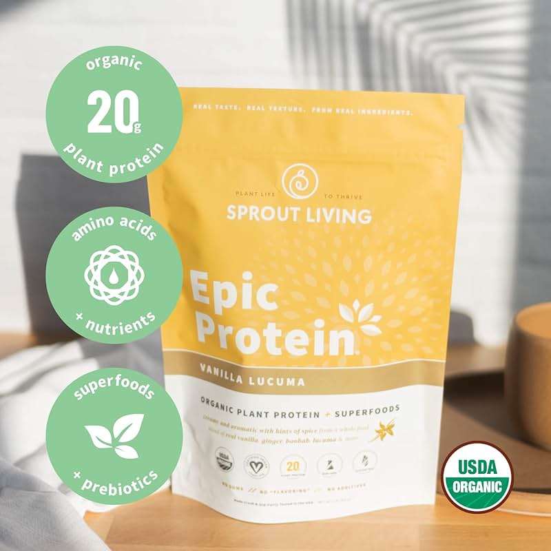 Sprout Living Epic Protein, Plant Based Protein & Superfoods Powder, Vanilla Lucuma Powder | 20 Grams Organic Protein Powder, Vegan, Non Dairy, Non-GMO, Gluten Free, Low Sugar (1 Pound, 12 Servings) - Image 6