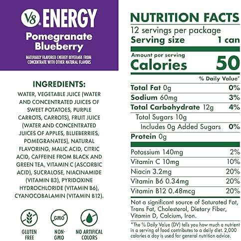 V8 +Energy, Juice Drink with Green Tea, Pomegranate Blueberry, 8 Fl Oz Can, Pack of 12 - Image 2