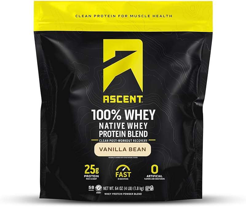 Ascent 100% Whey, Native Whey Protein Blend - Clean Post Workout Recovery, Digesting, Zero Artificial Flavors & Sweeteners, Gluten Free, 5.5g BCAA, 2.6g Leucine, Vanilla Bean 4 lb. - Image 1