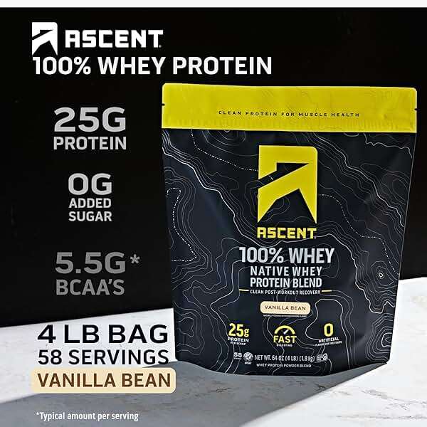 Ascent 100% Whey, Native Whey Protein Blend - Clean Post Workout Recovery, Digesting, Zero Artificial Flavors & Sweeteners, Gluten Free, 5.5g BCAA, 2.6g Leucine, Vanilla Bean 4 lb. - Image 2