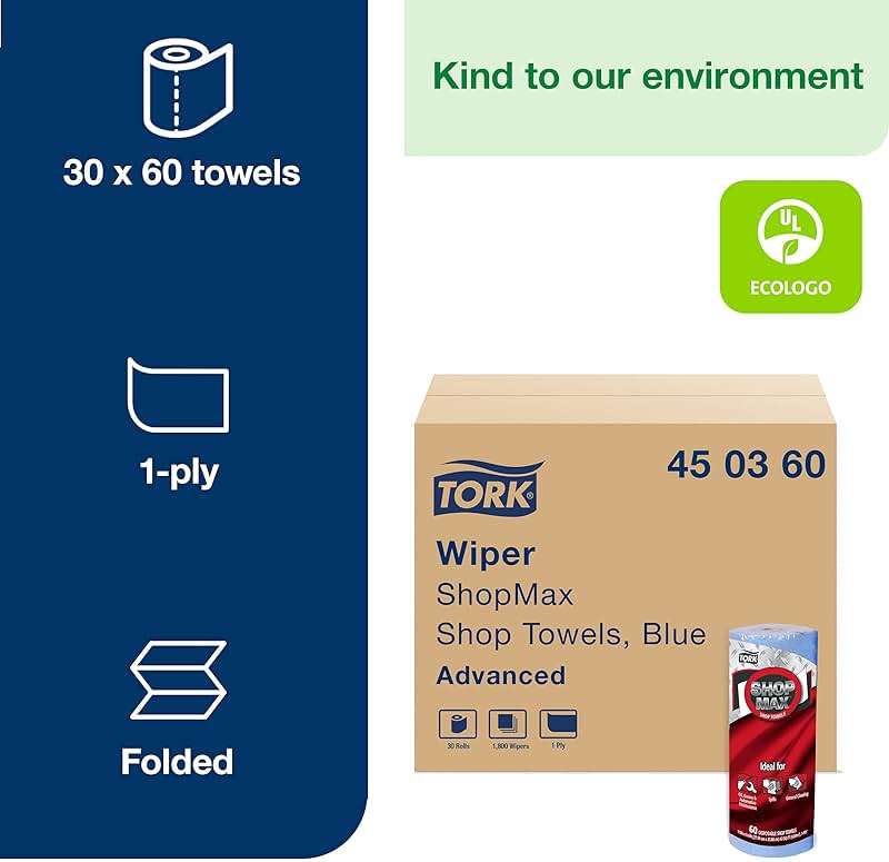 Tork ShopMax Heavy Duty Paper Shop Towel Blue, High Absorbency, 30 rolls x 60 Sheets, 450360 - Image 2