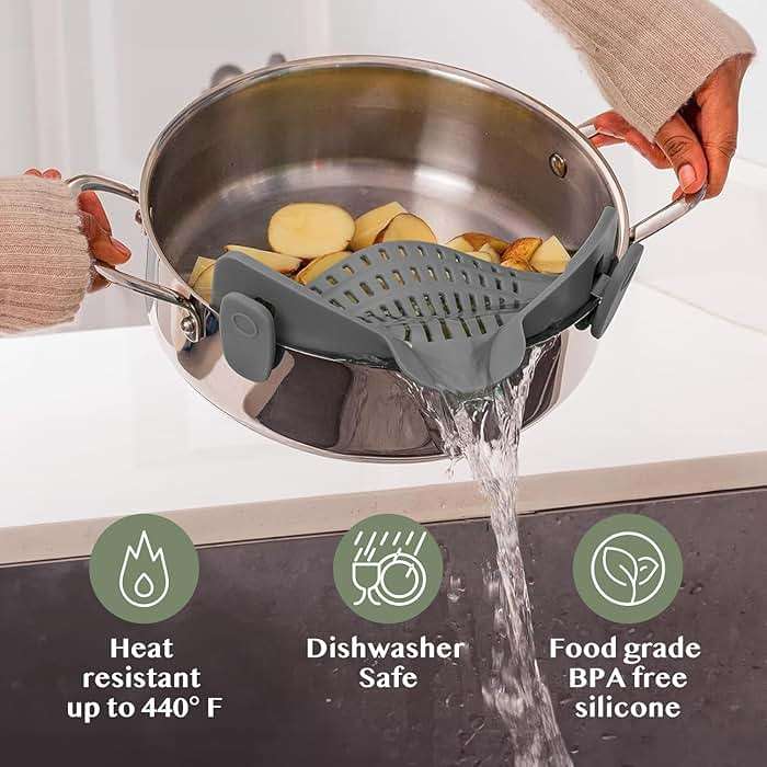 Kitchen Gizmo Snap N' Strain - Silicone Pasta Strainer Clip-On for Pots and Pans - Heat Resistant Colander for Vegetables and Noodles - Kitchen Gadgets for Cooking - Space-Saving Design - Gray - Image 6