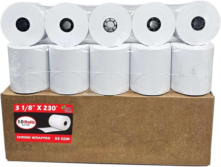 (10 Rolls) 3 1/8 x 230 Thermal Paper Receipt Rolls (55 GSM - 80mm x 70m) Fits All POS Cash Registers TM-T88III, TM-T88IV, TM-T88V, TSP100, CT-S300, CT-S2000, BPA Free from BuyRegisterRolls - Image 1