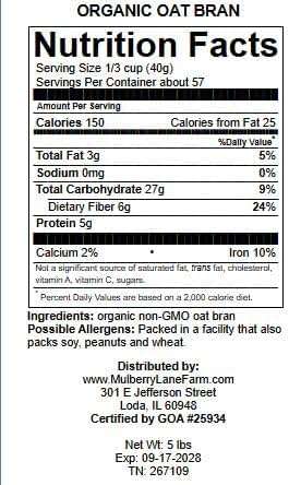 Oat Bran, 80 Ounces or 5 Pounds USDA Certified Organic, Non-GMO Bulk, Mulberry Lane Farms - Image 2