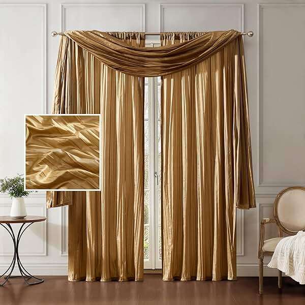Elrene Home Fashions Athena Faux Crushed-Silk Window Curtain Panel and Valance Set, 52"x95" (2 Panels) & 1 Valance, Gold - Image 1