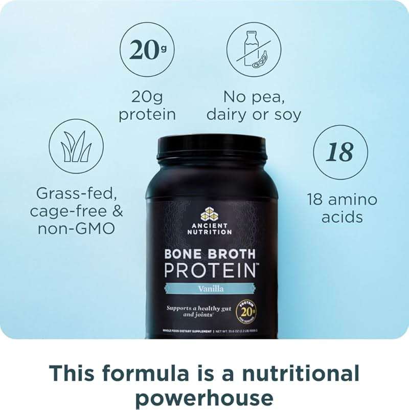 Ancient Nutrition Grass Fed, Bone Broth Protein Powder, 20g Protein, Hydrolyzed Collagen Peptides, Keto & Paleo Friendly, Supports Joint, Gut Health, Vanilla, 40 Servings - Image 2