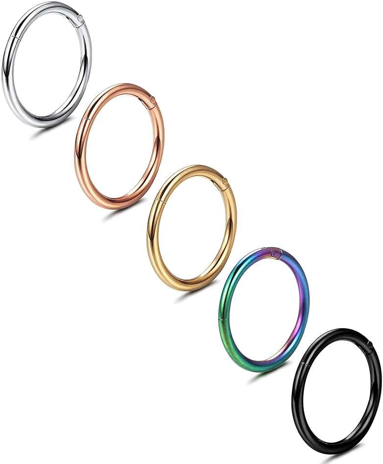 Jstyle 5Pcs 316L Surgical Steel Septum Rings Nose Rings Hoop 16G 18G 20G Hinged Clicker Hoop Nose Rings for Women Men Cartilage Hoop Earring Lip Helix Rook Tragus Conch Septum Nose Piercing Jewelry - Image 1