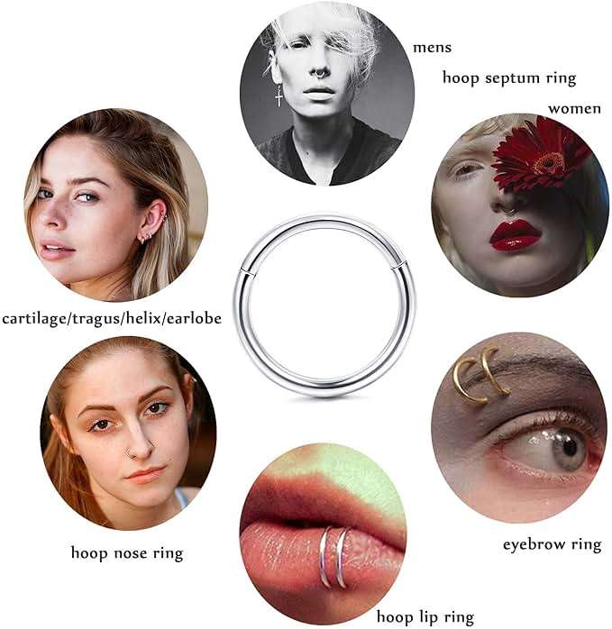 Jstyle 5Pcs 316L Surgical Steel Septum Rings Nose Rings Hoop 16G 18G 20G Hinged Clicker Hoop Nose Rings for Women Men Cartilage Hoop Earring Lip Helix Rook Tragus Conch Septum Nose Piercing Jewelry - Image 7