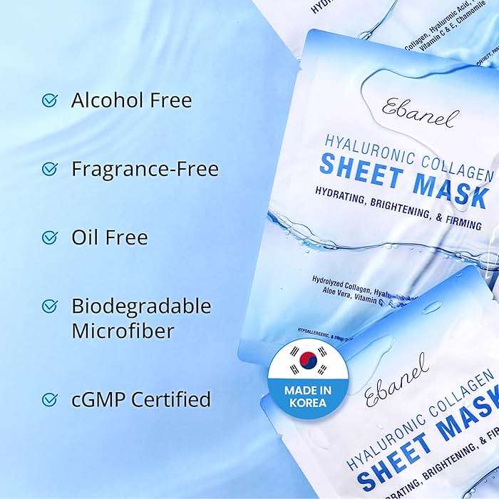 Ebanel 10 Pack Collagen Face Mask with Hyaluronic Acid, Vitamin C, Peptide, Aloe, Instant Brightening Hydrating Face Masks Skincare Korean Sheet Mask, Skin Firming, Lifting Anti Aging Facial Masks - Image 6