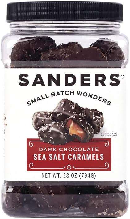 Sanders Dark Chocolate Sea Salt Caramels, Kettle Cooked Caramel Covered in Dark Chocolate, 28 oz Gift Tub - Image 1