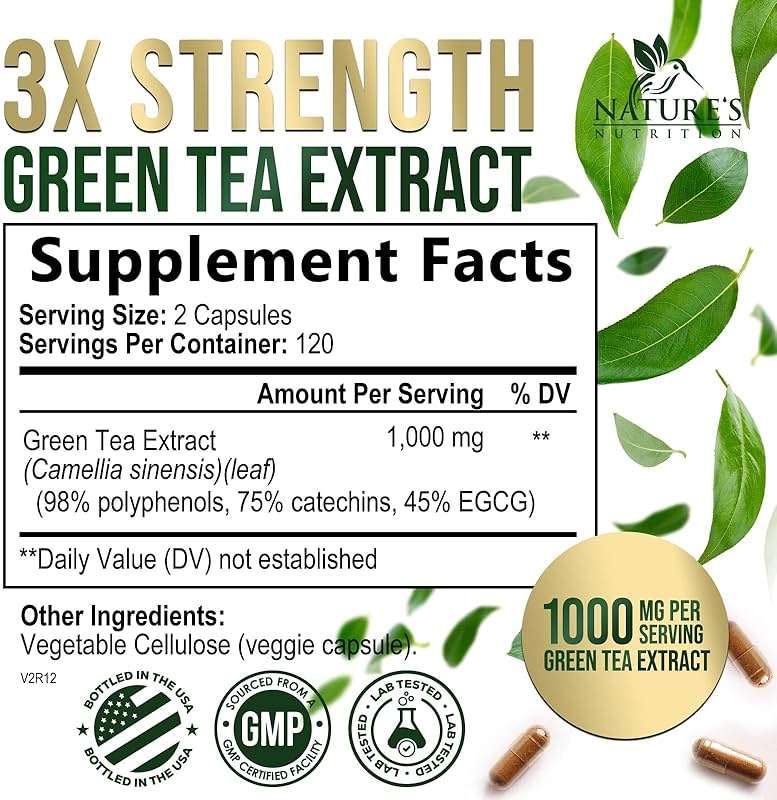 Green Tea Extract Capsules - 3X Strength Green Tea Extract 1000 mg Per Serving Pills with 45% EGCG & 98% Polyphenols for Natural Energy - Antioxidant Herbal Heart Support Supplement - 240 Capsules - Image 2