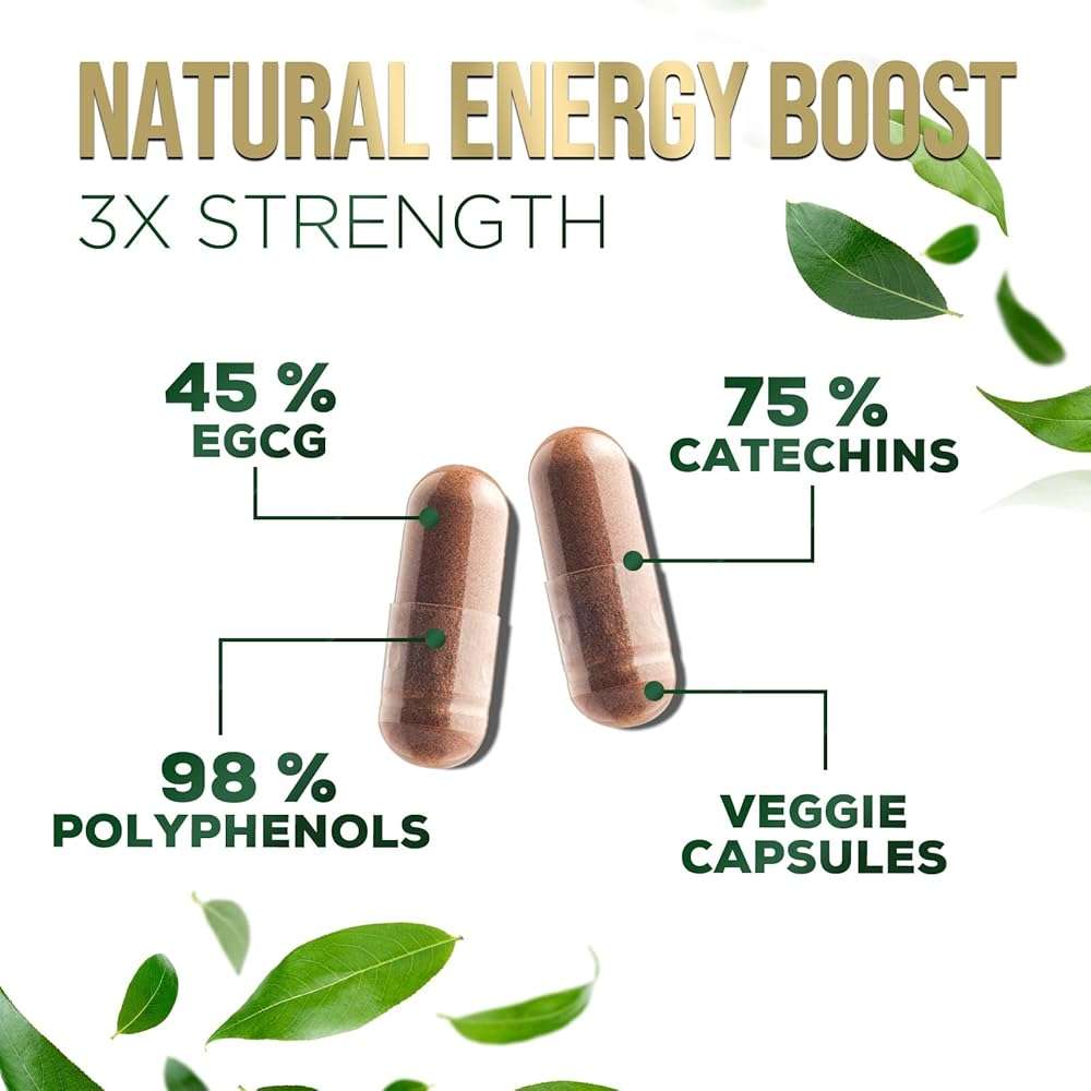 Green Tea Extract Capsules - 3X Strength Green Tea Extract 1000 mg Per Serving Pills with 45% EGCG & 98% Polyphenols for Natural Energy - Antioxidant Herbal Heart Support Supplement - 240 Capsules - Image 3