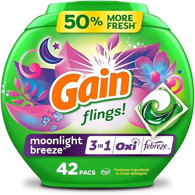 Gain Flings Liquid Washing Detergent Pods with Odor Defense + Color Guard, Moonlight Breeze Scent, 4-in-1 Liquid Laundry Detergent Pacs, Clean & Fresh, 42 Count (Packaging May Vary) - Image 2