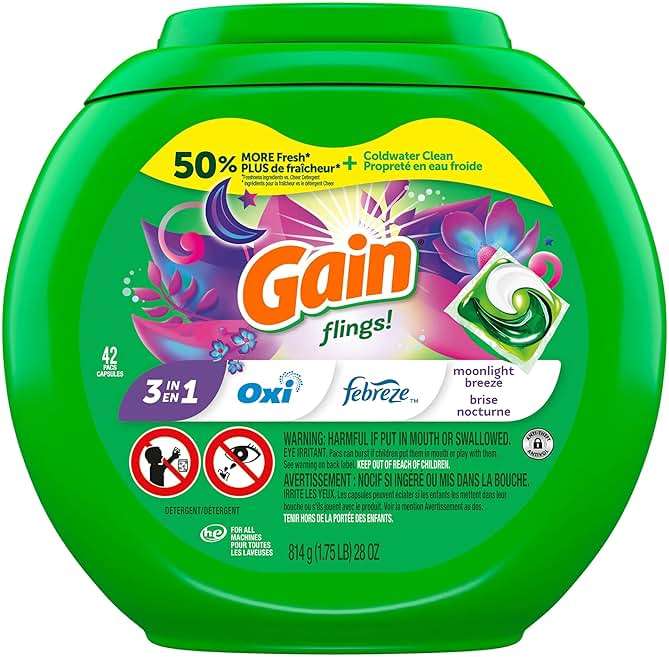 Gain Flings Liquid Washing Detergent Pods with Odor Defense + Color Guard, Moonlight Breeze Scent, 4-in-1 Liquid Laundry Detergent Pacs, Clean & Fresh, 42 Count (Packaging May Vary) - Image 14