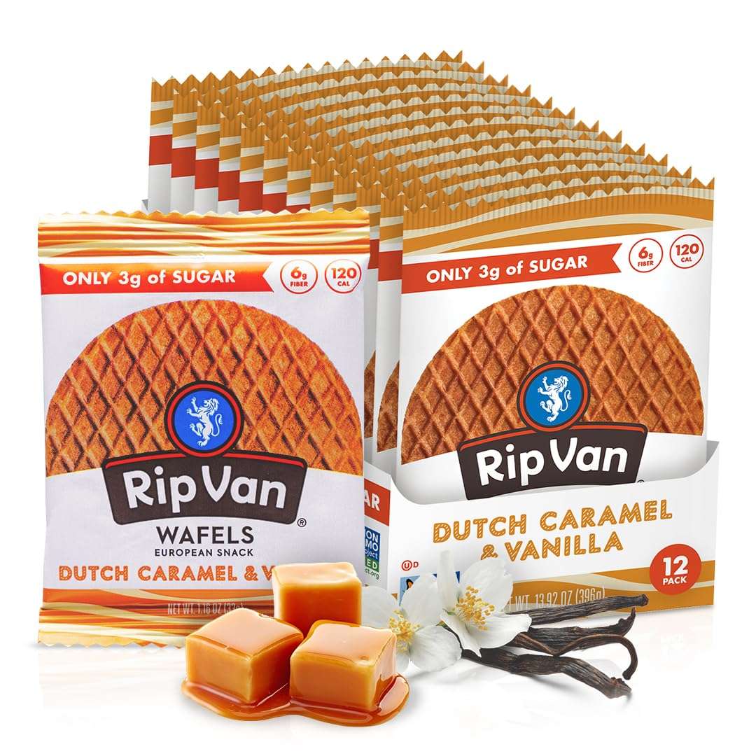 Rip Van Wafels Dutch Caramel & Vanilla Stroopwafels, Healthy Snacks, Non-GMO, Low Calorie, Low Sugar (3g), Office Snacks, Keto Friendly, 12 Count - Image 1