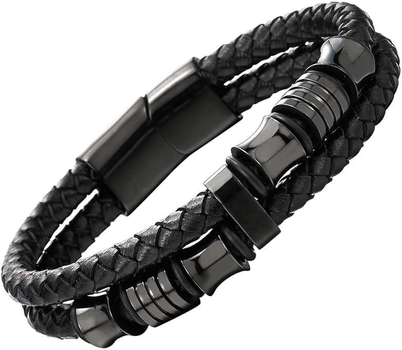 COOLSTEELANDBEYOND Mens Double-Row Braided Leather Bracelet Bangle Wristband with Black Stainless Steel Ornaments - Image 1