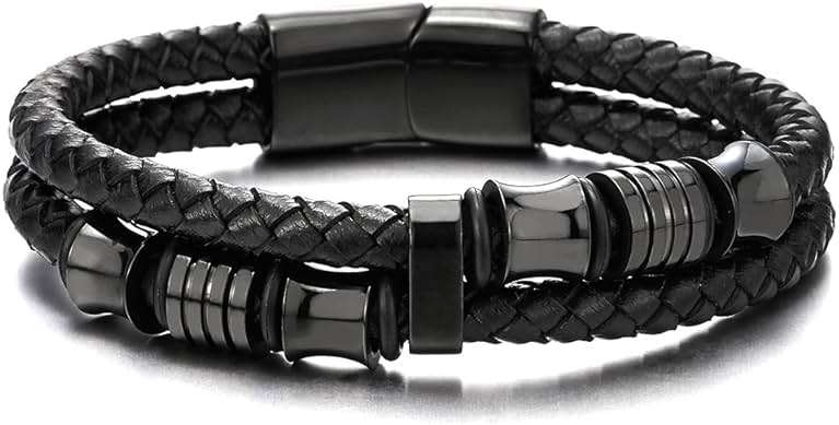 COOLSTEELANDBEYOND Mens Double-Row Braided Leather Bracelet Bangle Wristband with Black Stainless Steel Ornaments - Image 5
