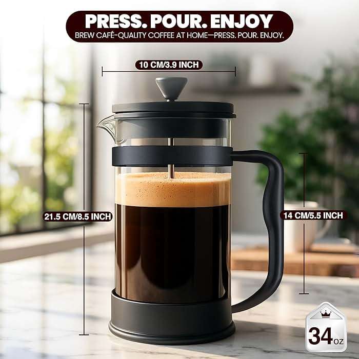 Utopia Kitchen Borosilicate Glass French Press Coffee Maker 34 Oz, Heat-Resistant Cafetiere & Tea Maker, Thickened Glass Coffee Press for Travel and Camping, Black - Image 3
