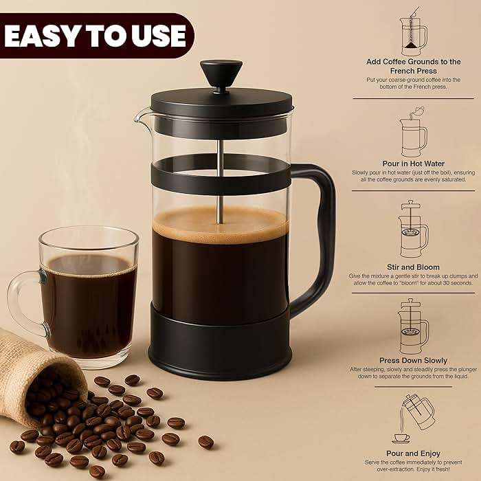 Utopia Kitchen Borosilicate Glass French Press Coffee Maker 34 Oz, Heat-Resistant Cafetiere & Tea Maker, Thickened Glass Coffee Press for Travel and Camping, Black - Image 4