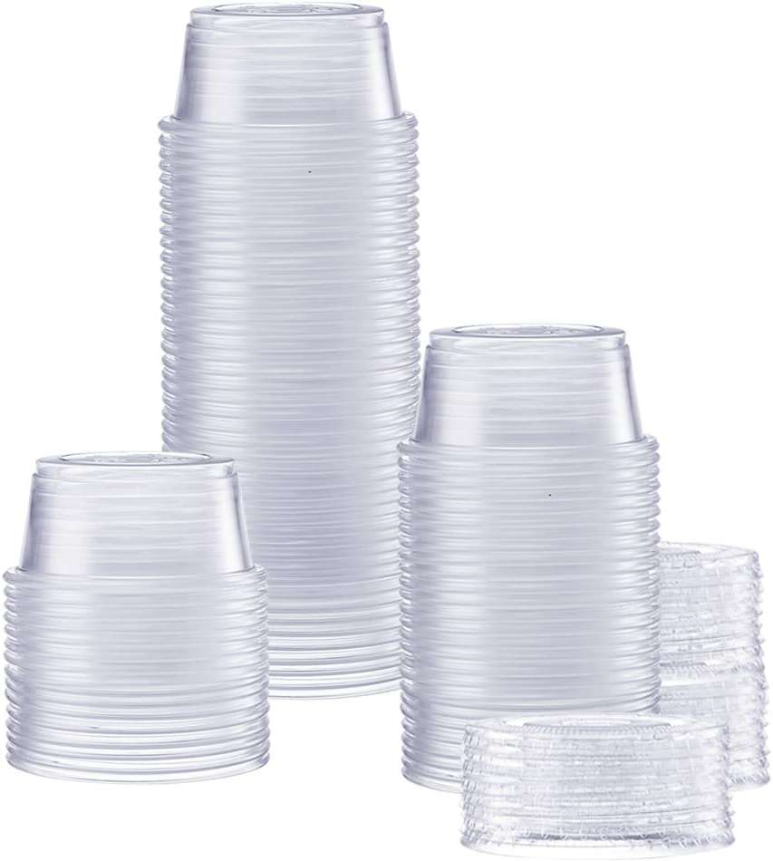 GUSTO 2 oz Jello Shot Cups with Lids [100 Count] Clear Plastic Portion Containers, Condiment Cups for Sauces, Dressings & Samples – Durable, Stackable, Leak-Resistant (Formerly Comfy Package) - Image 1