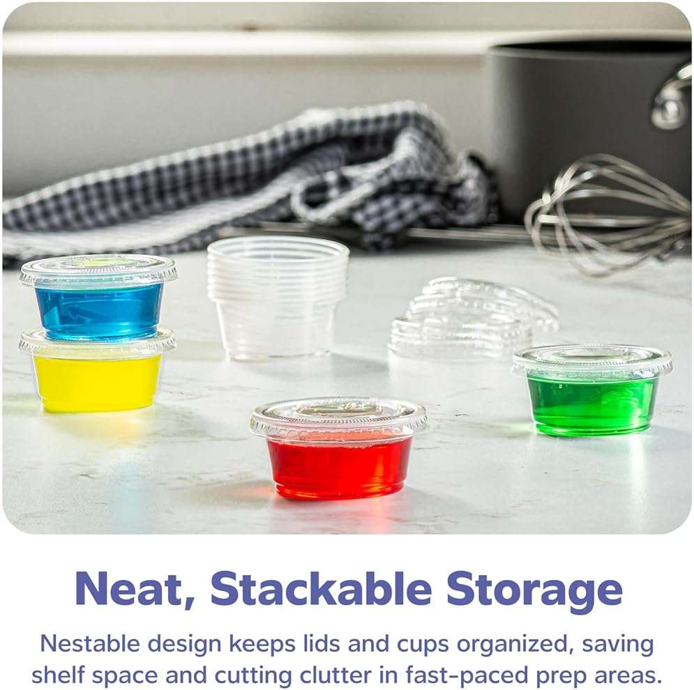 GUSTO 2 oz Jello Shot Cups with Lids [100 Count] Clear Plastic Portion Containers, Condiment Cups for Sauces, Dressings & Samples – Durable, Stackable, Leak-Resistant (Formerly Comfy Package) - Image 7