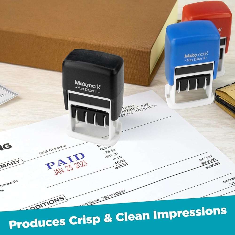 MaxMark Self-Inking Rubber Date Office Stamp with Scanned Phrase & Date - RED Ink (Max Dater II), 12-Year Band - Image 4