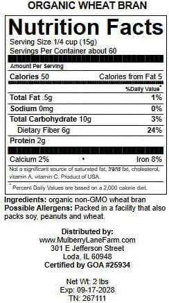 Wheat Bran, 32 Ounces (2 Pounds), USDA Certified Organic, Non-GMO, Bulk, Product of USA, Mulberry Lane Farms - Image 2