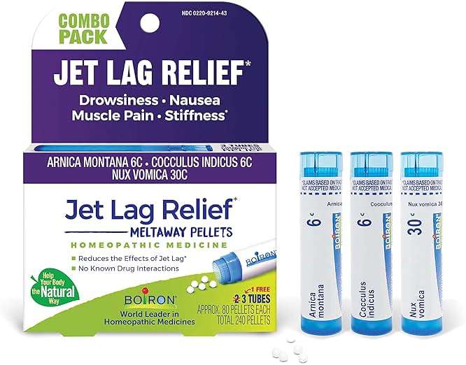 Boiron Jet Lag Relief Kit - Travel Essential for Relief from Nausea, Stiffness, Muscle Pain, and Drowsiness from Long Flights - 3 Count (240 Pellets) - Image 1
