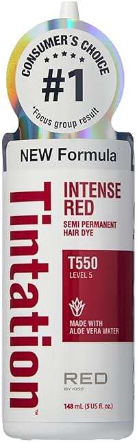 Red by Kiss Tintation Semi-Permanent Hair Color, Aloe Vera Water Based, Argan Oil, Olive Oil, Collagen & Keratin, Long-Lasting Color Dye (Intense Red, 5 Fl Oz) - Image 1