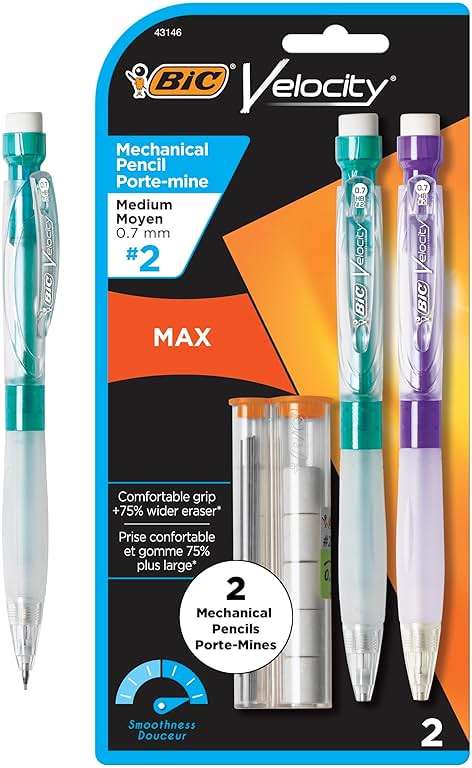 BIC Velocity Max Mechanical Pencils, With Colorful Barrel, Medium Point (0.7mm), 2-Count Pack Mechanical Pencils With Erasers and Lead Refills - Image 2