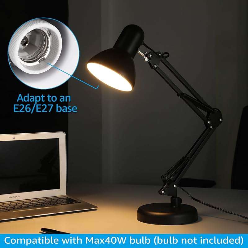 TORCHSTAR Metal Desk Lamp with Clamp, Swing Arm, Architect Adjustable Gooseneck Table Lamp, Clip Desk Lights for Home Office, Work, Study, Reading, E26 Base, Multi-Joint, Black - Image 7