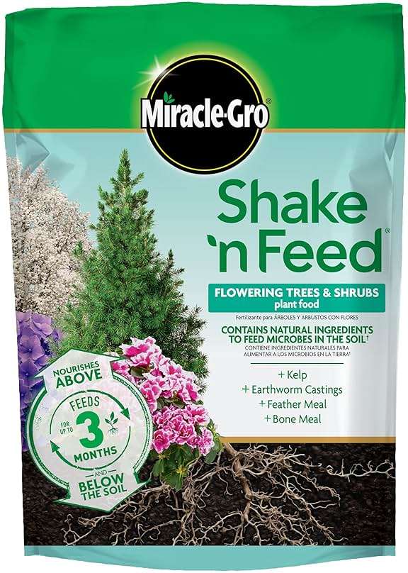 Miracle-Gro Shake 'N Feed Flowering Trees and Shrubs Plant Food, For In-Ground and Container Plants, Acid-Loving Flowering Plants, 8 lbs. - Image 1