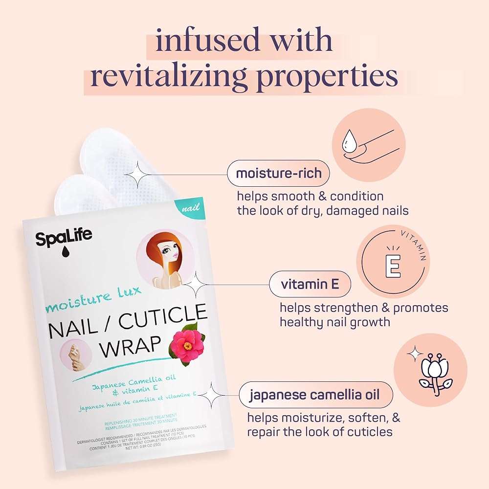 SpaLife Japanese Camellia Oil & Vitamin E Nail Cuticle Wrap 6-Pack (60 Count) - Moisturizing Masks, Dermatologist Recommended, Hydrating Cuticle Repair Mask for Brittle Nails, Spa Treatment - Image 4