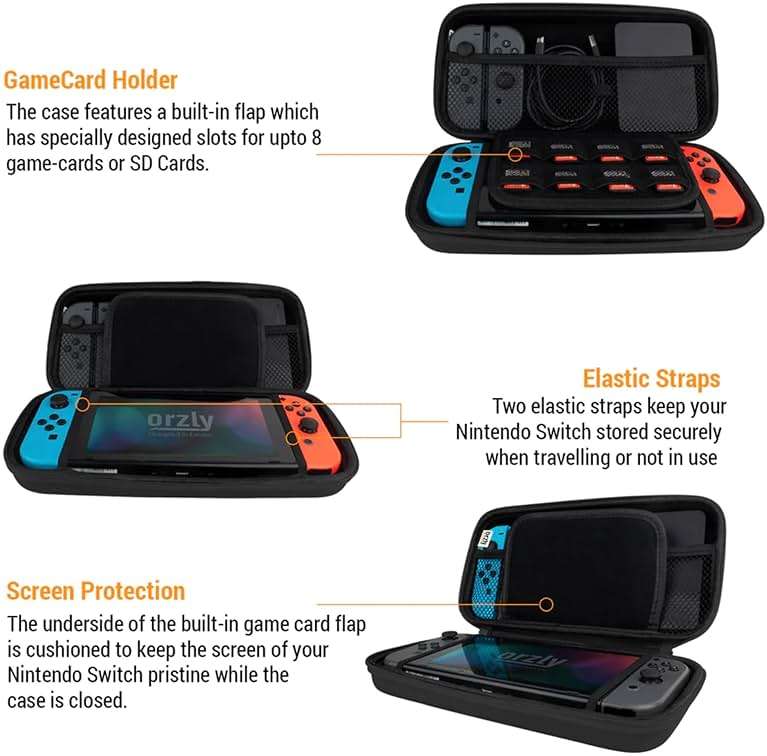 Orzly Carry Case Compatible with Nintendo Switch and New Switch OLED Console - Black Protective Hard Portable Travel Carry Case Shell Pouch with Pockets for Accessories and Games - Image 4
