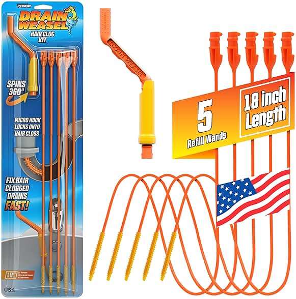 Flexisnake Drain Weasel Hair Clog Remover Kit – Plumbing Snake Auger for Cleaning Shower, Bath Tub, Bathroom Drains with Rotating Handle and 5 Disposable Wands, Made in USA - Image 1
